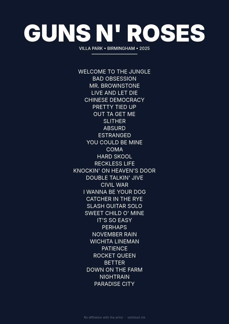 Guns N' Roses Birmingham 2025 setlist poster preview
