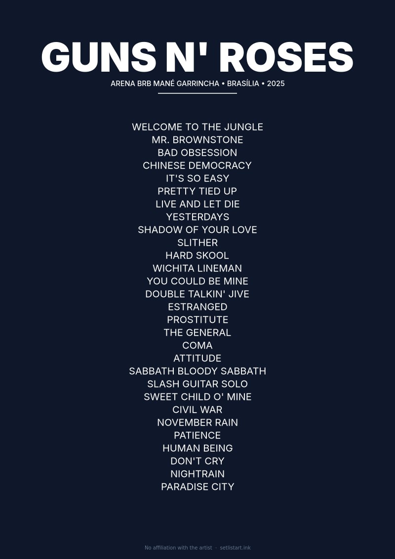 Guns N' Roses Brasília 2025 setlist poster preview