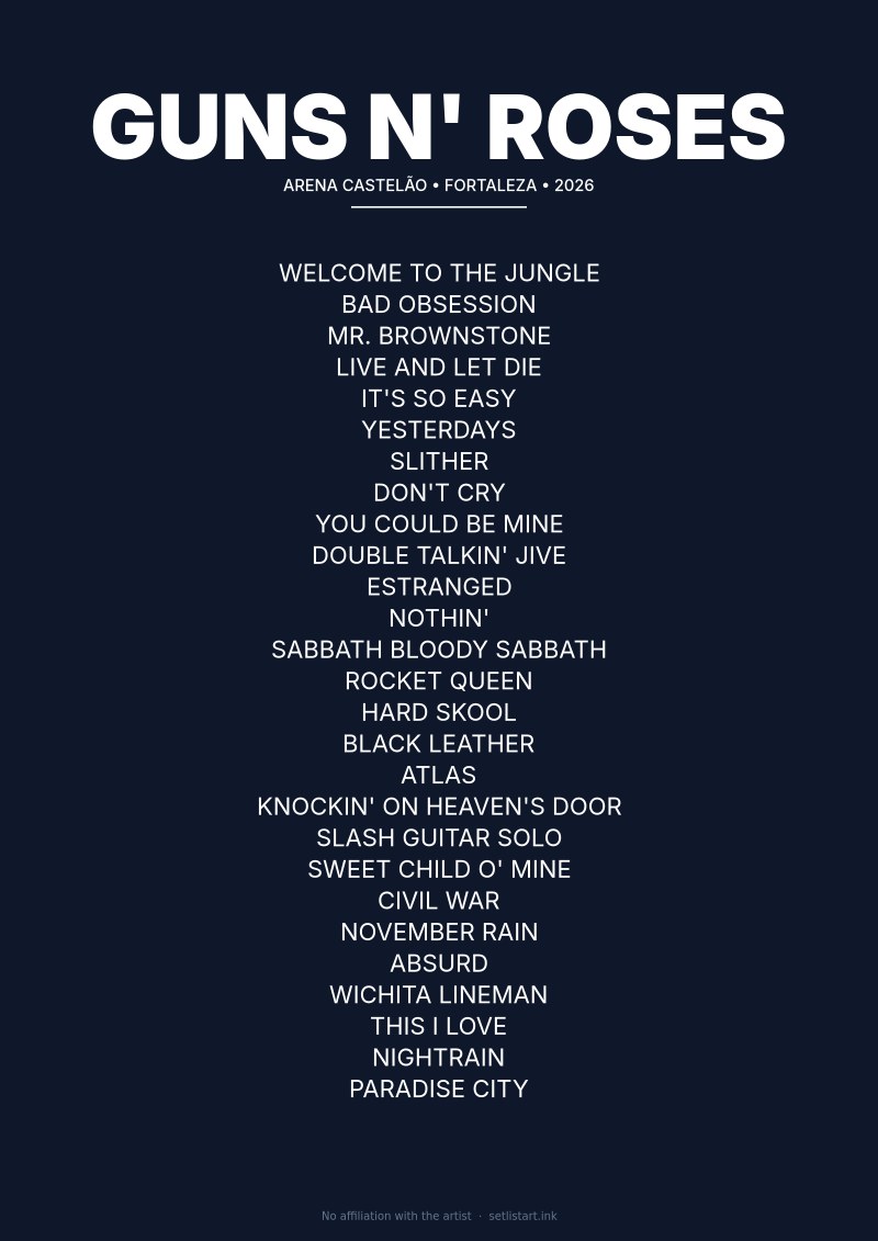Guns N' Roses Fortaleza 2026 setlist poster preview