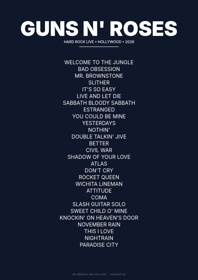 Guns N' Roses Hollywood 2026 setlist poster preview