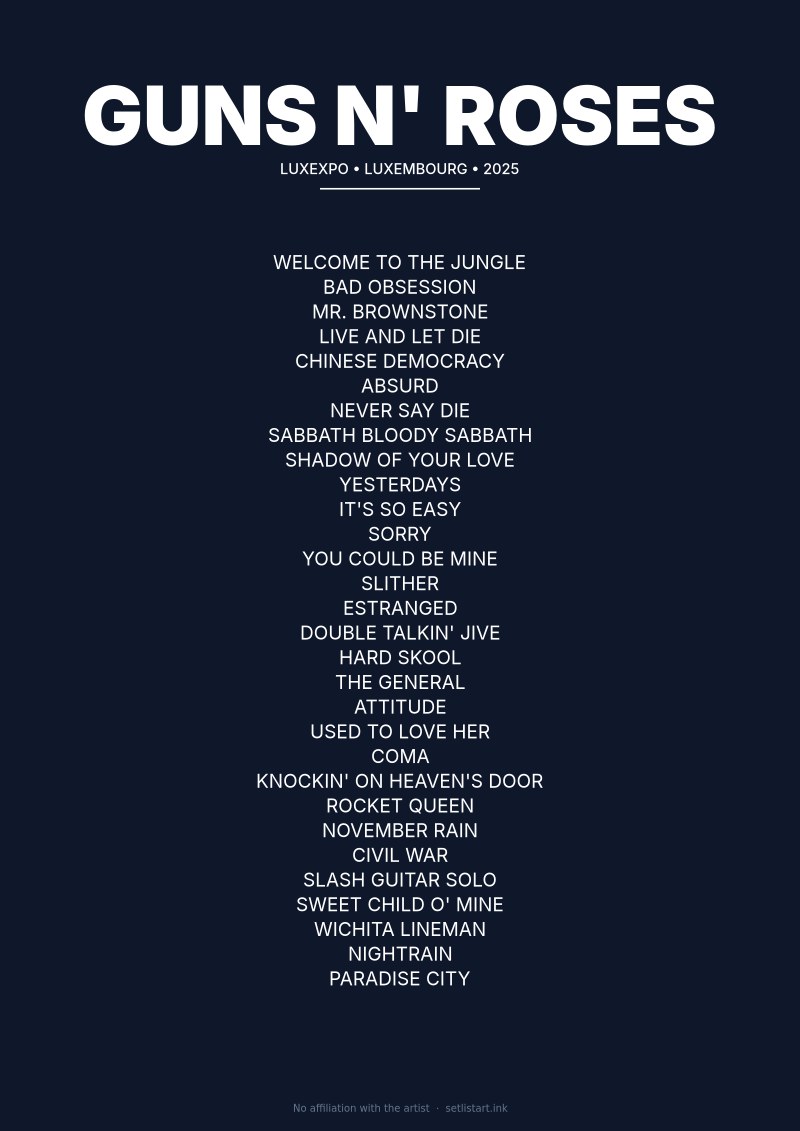 Guns N' Roses Luxembourg 2025 setlist poster preview