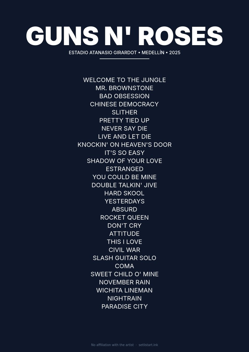 Guns N' Roses Medellín 2025 setlist poster preview