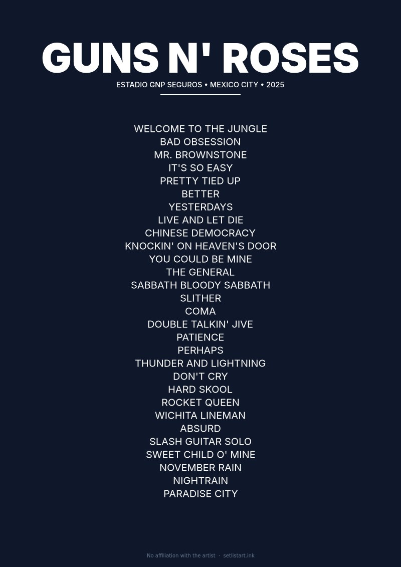Guns N' Roses Mexico City 2025 setlist poster preview