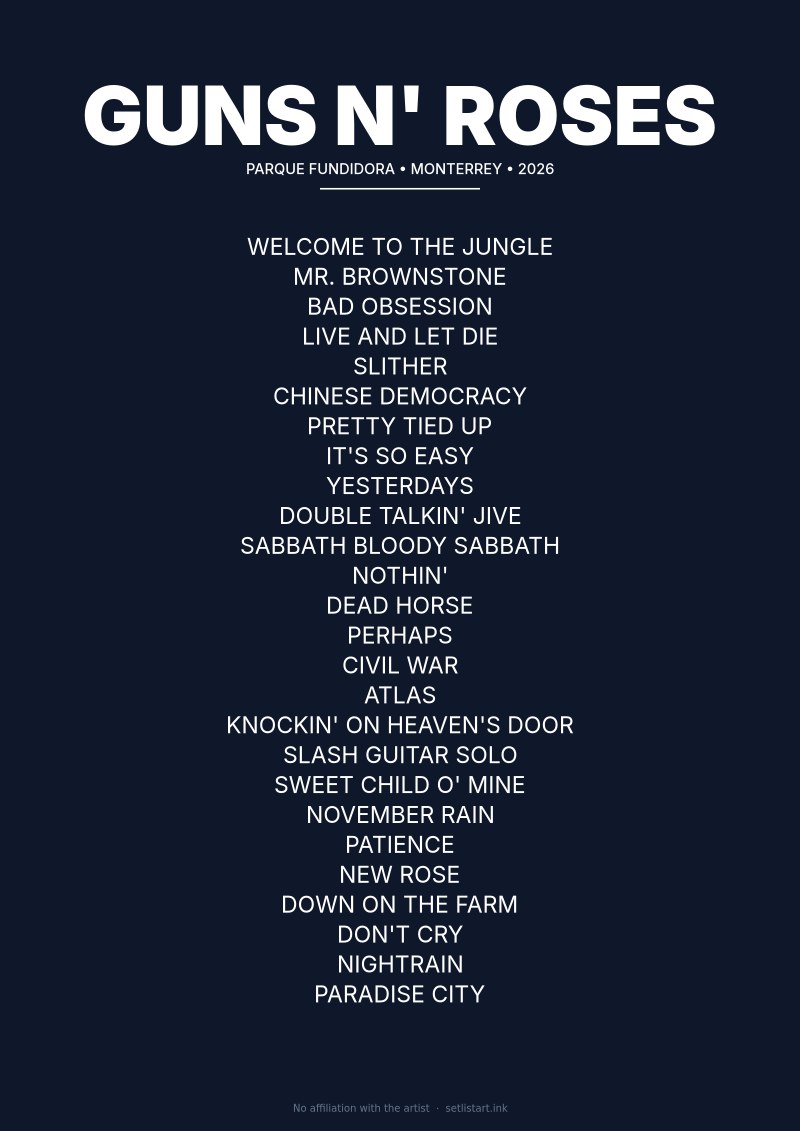 Guns N' Roses Monterrey 2026 setlist poster preview