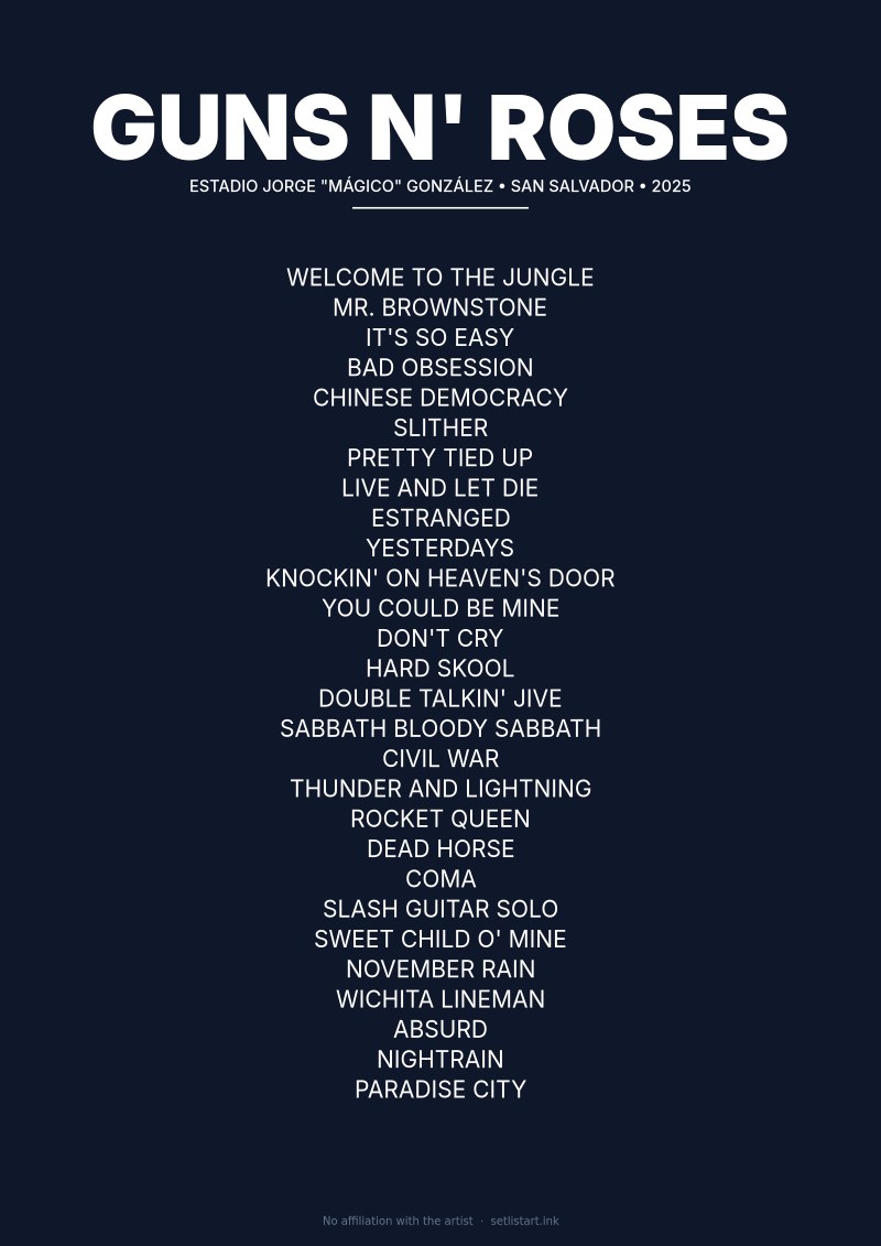 Guns N' Roses San Salvador 2025 setlist poster preview