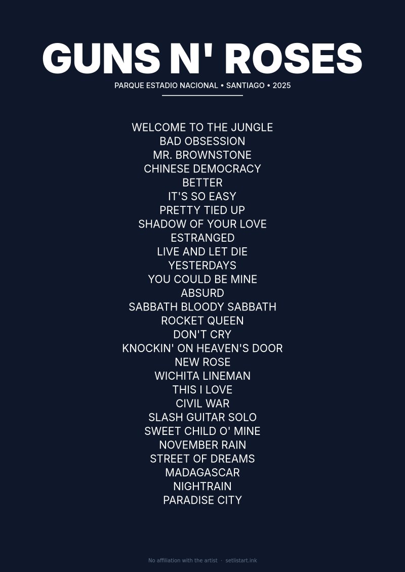 Guns N' Roses Santiago 2025 setlist poster preview