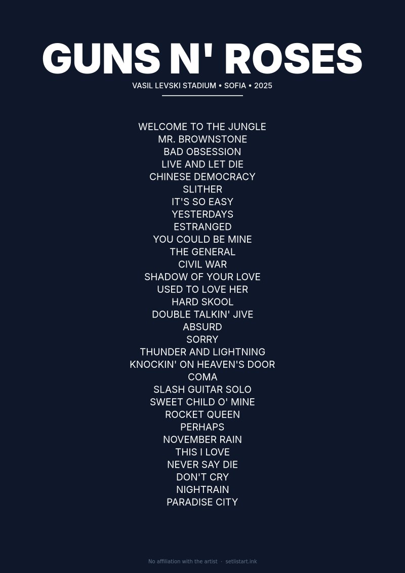 Guns N' Roses Sofia 2025 setlist poster preview