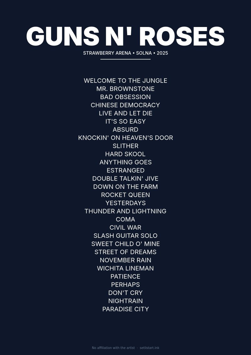 Guns N' Roses Solna 2025 setlist poster preview