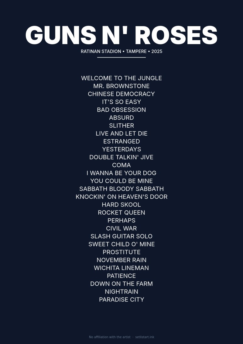 Guns N' Roses Tampere 2025 setlist poster preview