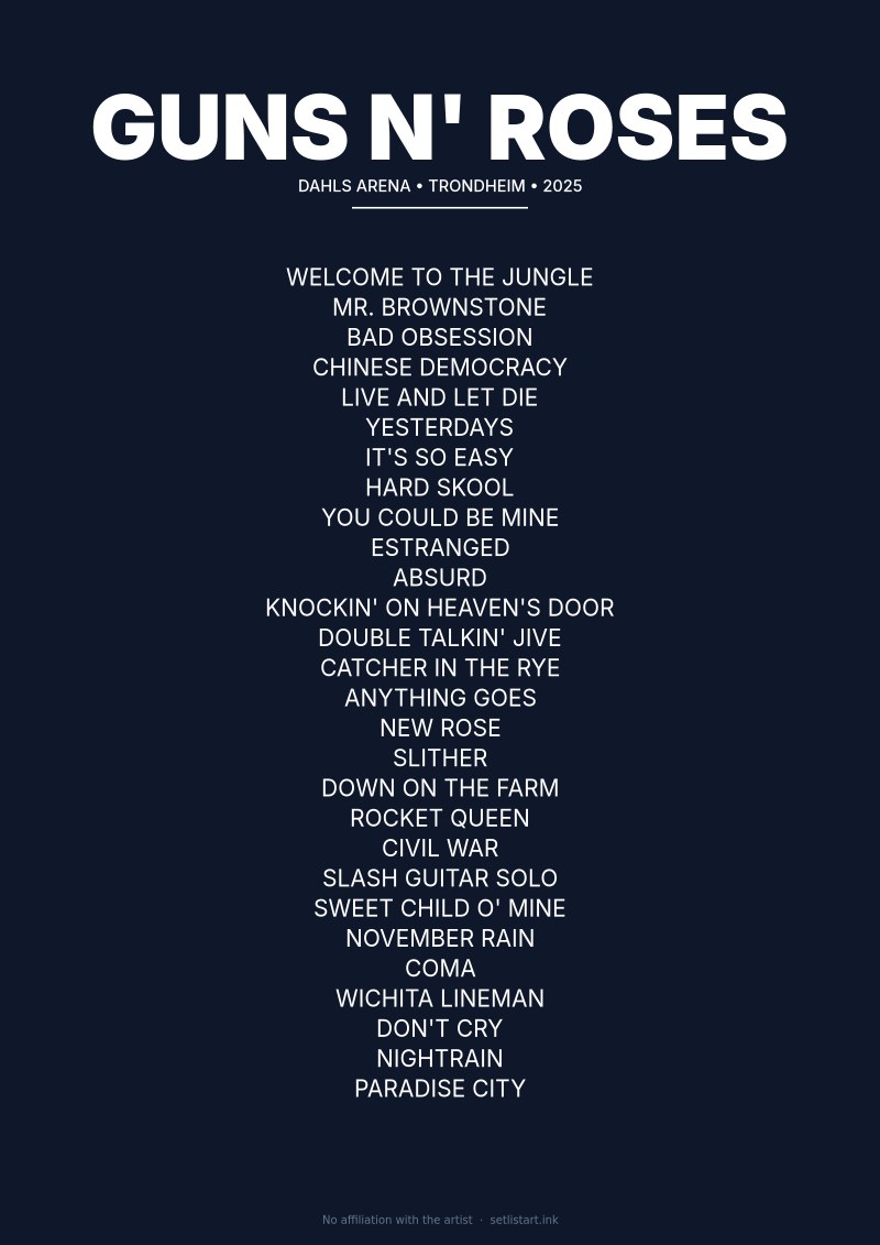 Guns N' Roses Trondheim 2025 setlist poster preview