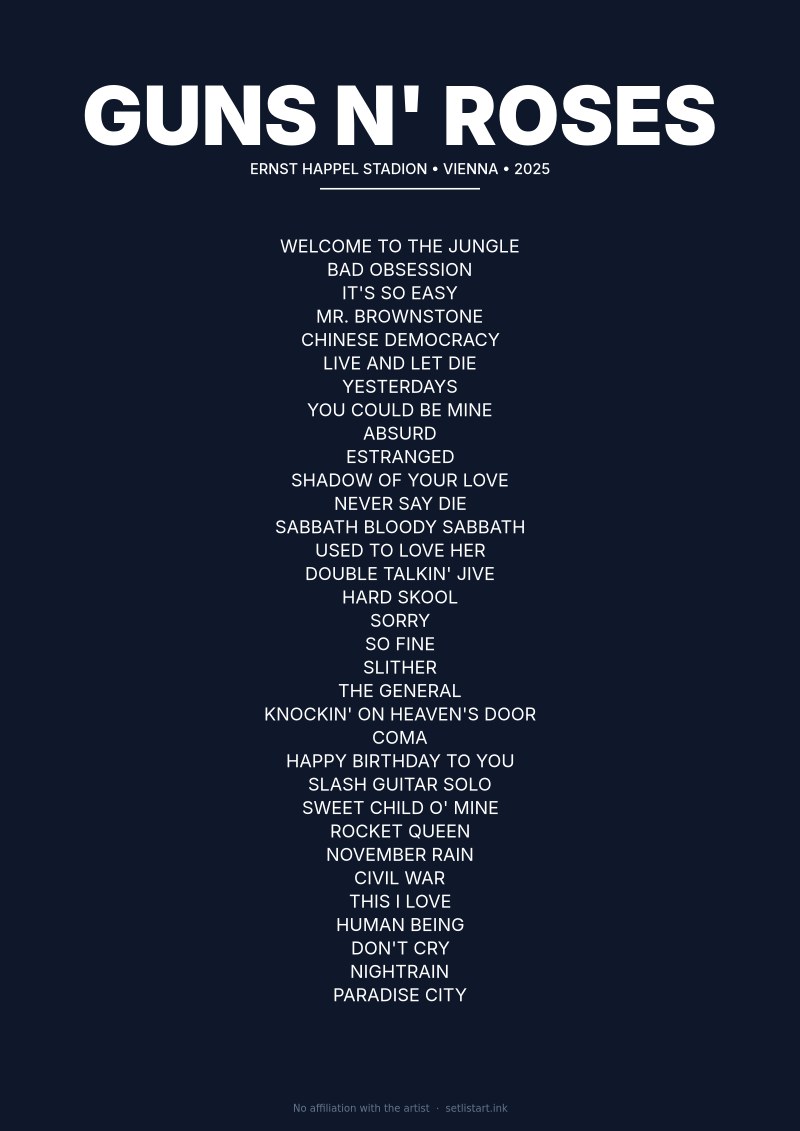 Guns N' Roses Vienna 2025 setlist poster preview