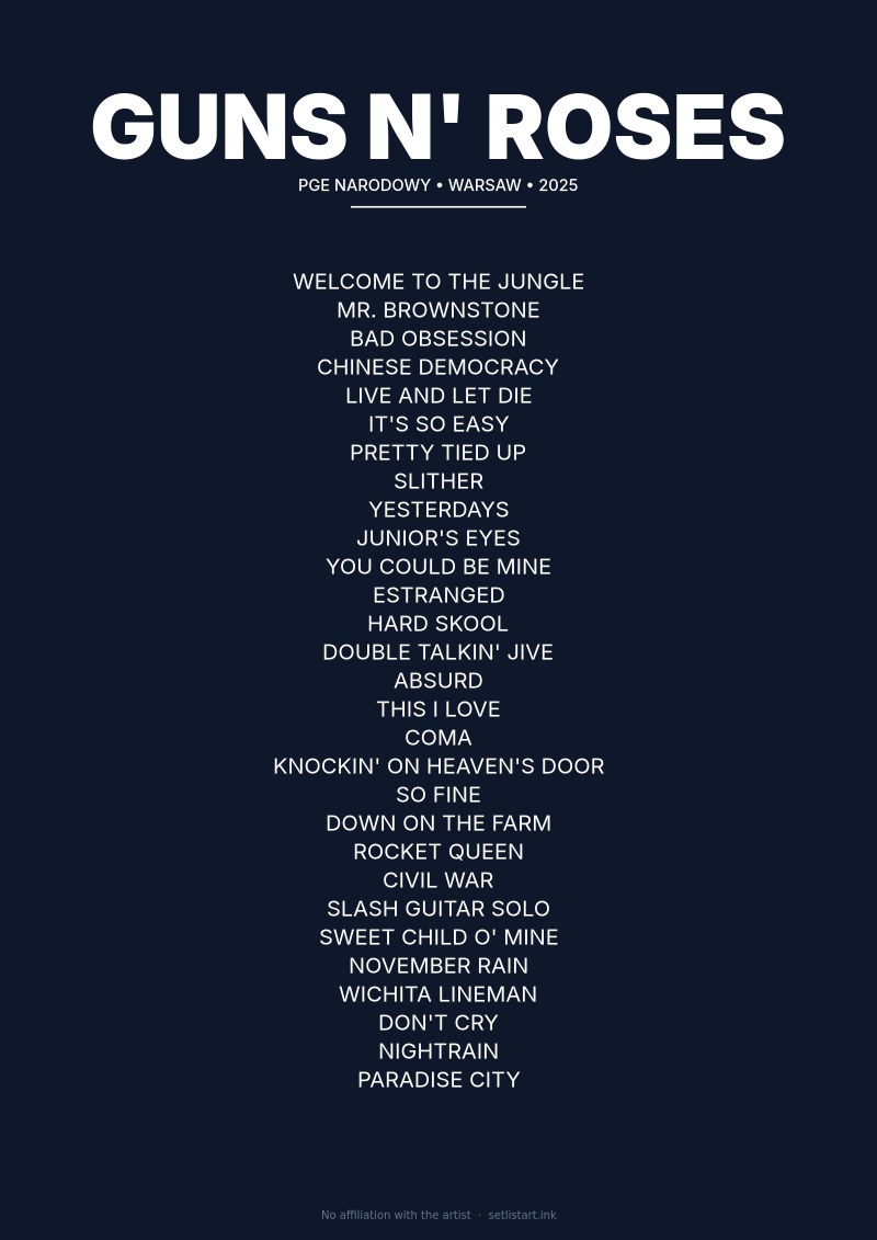 Guns N' Roses Warsaw 2025 setlist poster preview