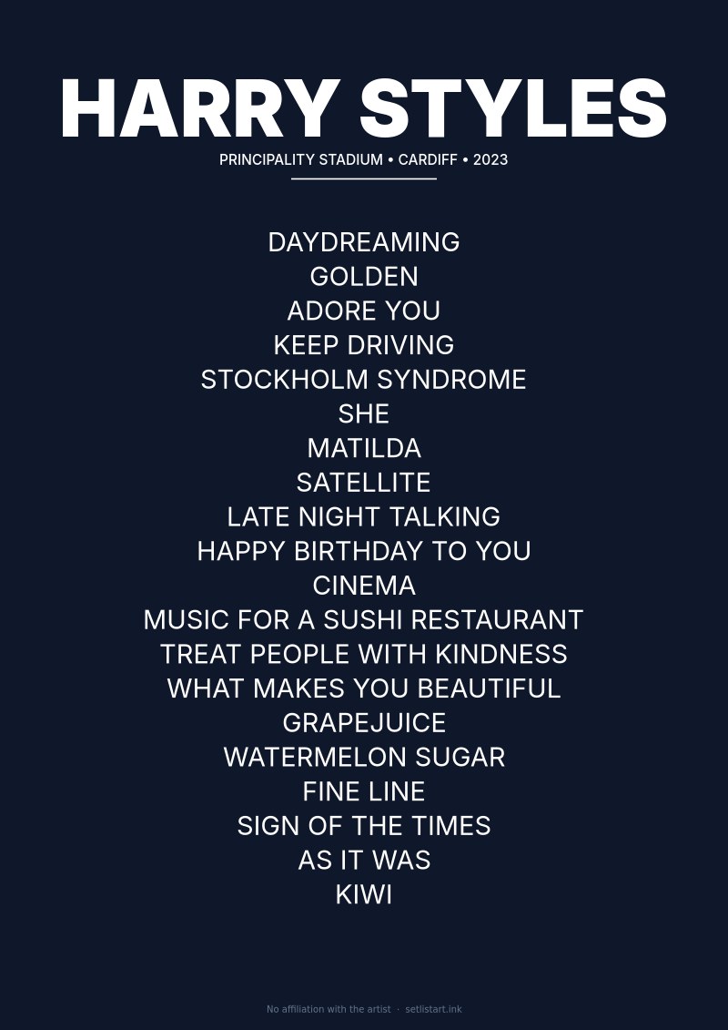 Harry Styles Cardiff 2023 setlist poster preview