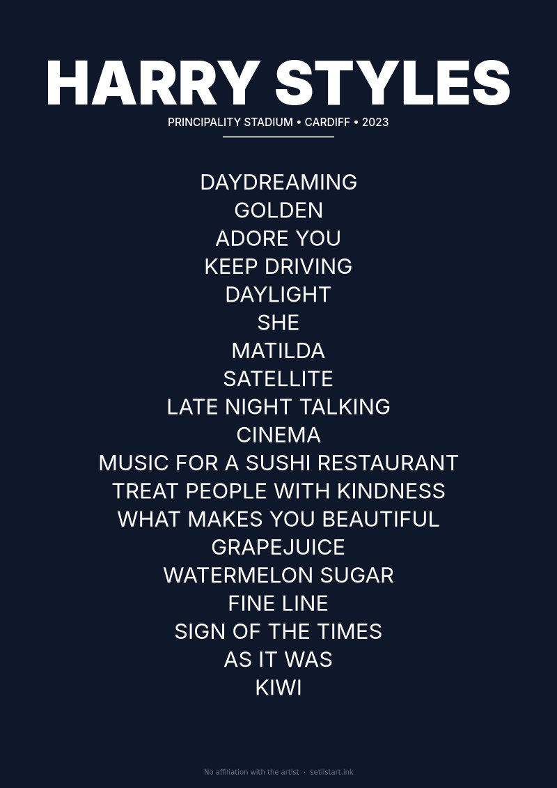 Harry Styles Cardiff 2023 setlist poster preview