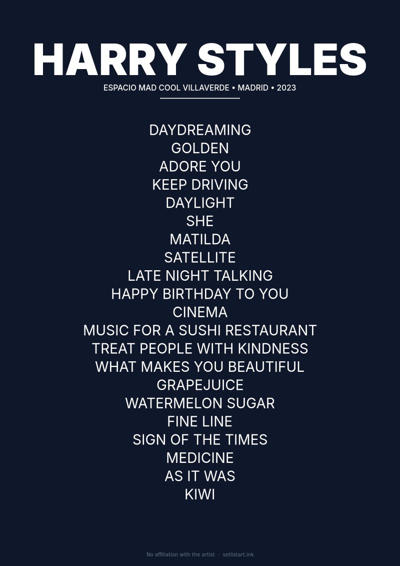 Harry Styles Madrid 2023 setlist poster preview