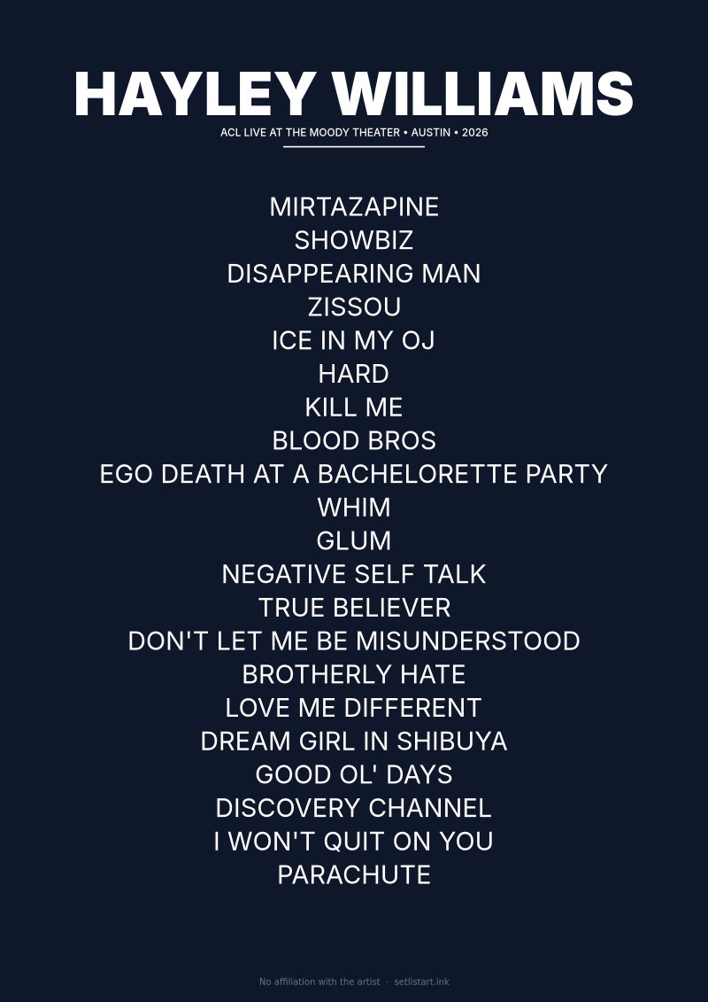Hayley Williams Austin 2026 Night 1 setlist poster — Ego Death Tour