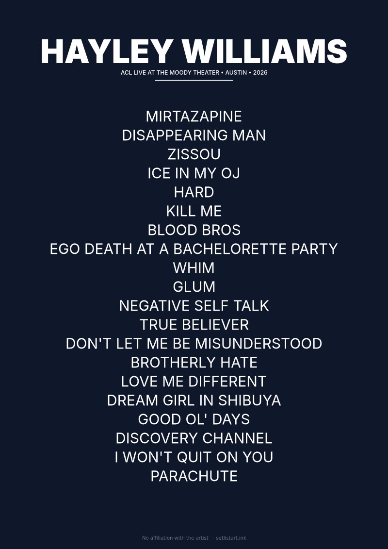 Hayley Williams Austin 2026 Night 2 setlist poster — Ego Death Tour
