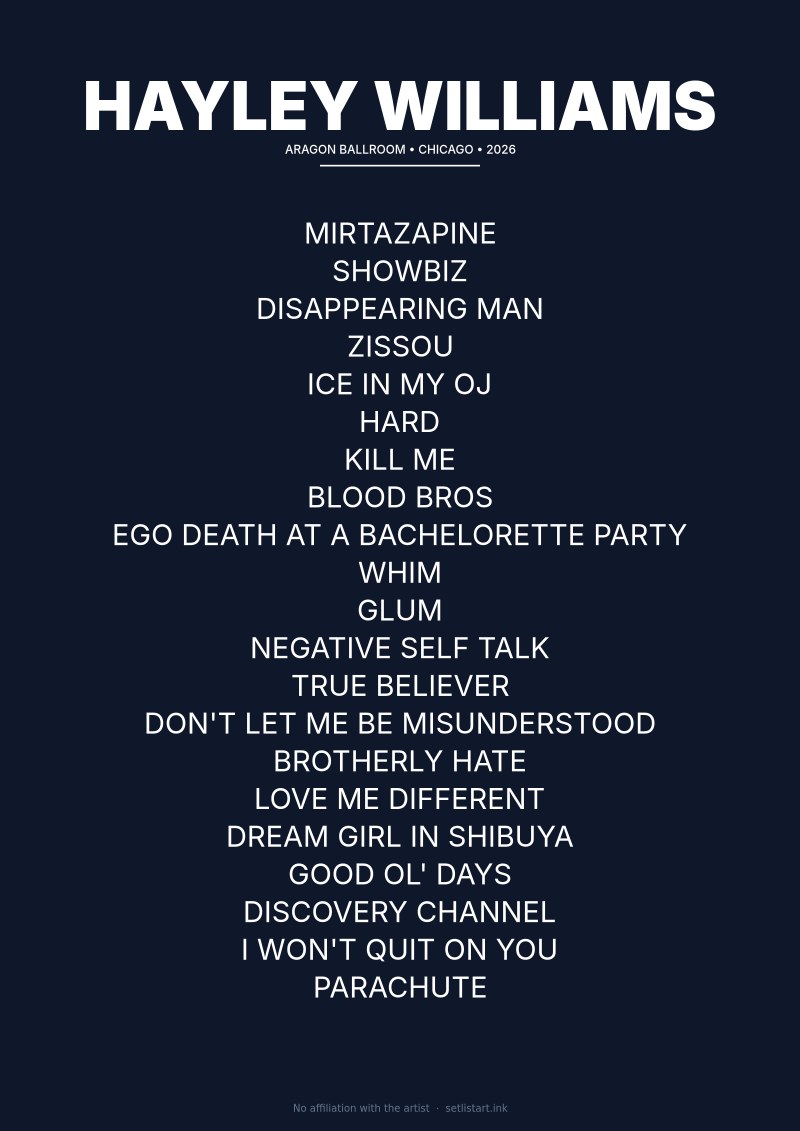 Hayley Williams Chicago 2026 Night 2 setlist poster — Ego Death Tour