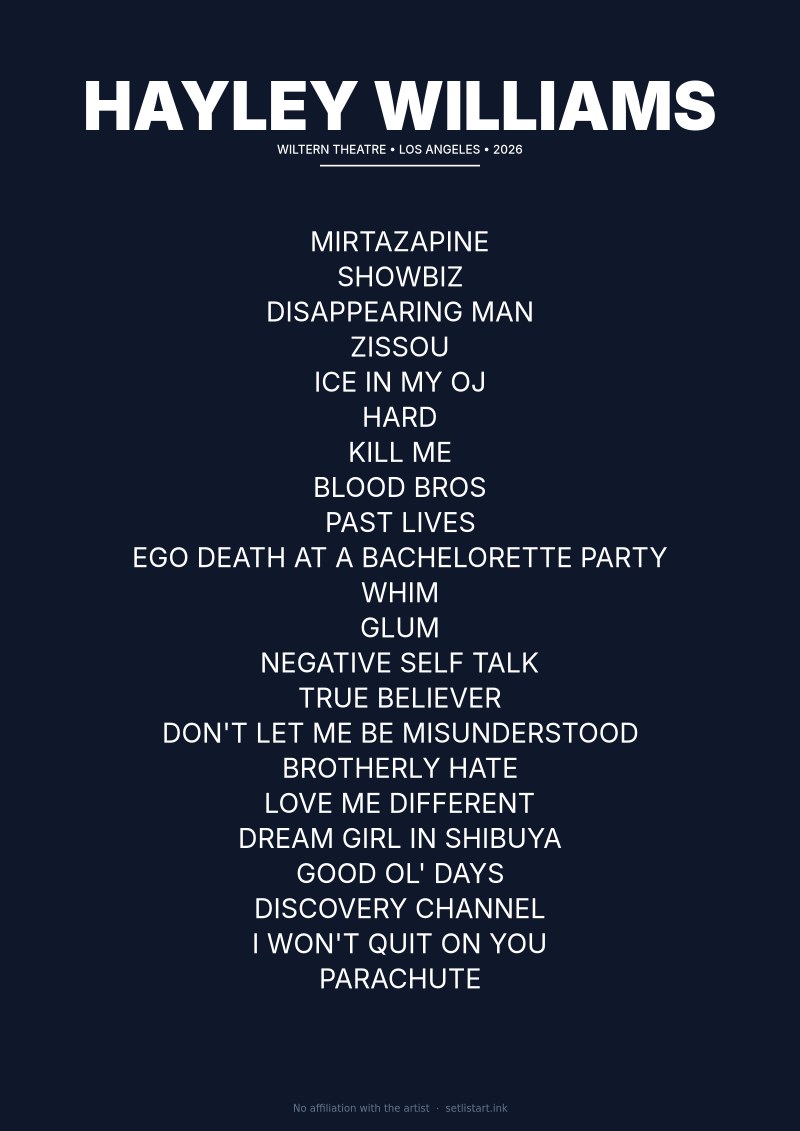 Hayley Williams Los Angeles 2026 Night 1 setlist poster — Ego Death Tour