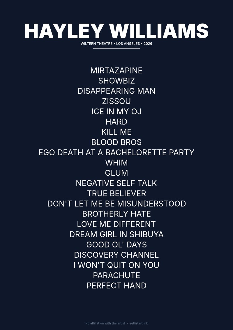 Hayley Williams Los Angeles 2026 Night 2 setlist poster — Ego Death Tour