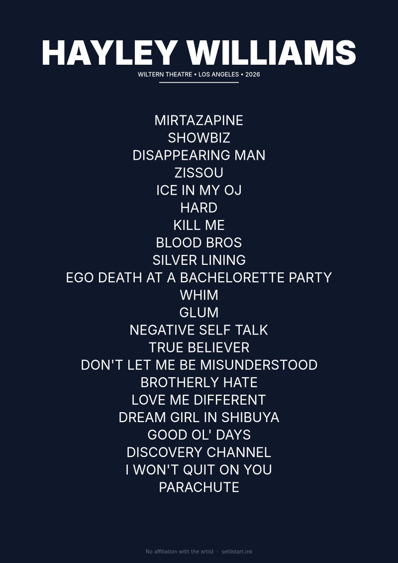 Hayley Williams Los Angeles 2026 Night 3 setlist poster — Ego Death Tour