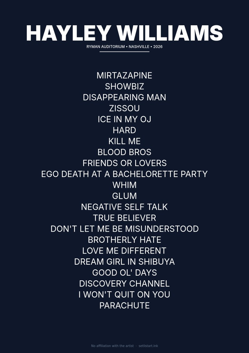 Hayley Williams Nashville 2026 Night 1 setlist poster — Ego Death Tour at Ryman