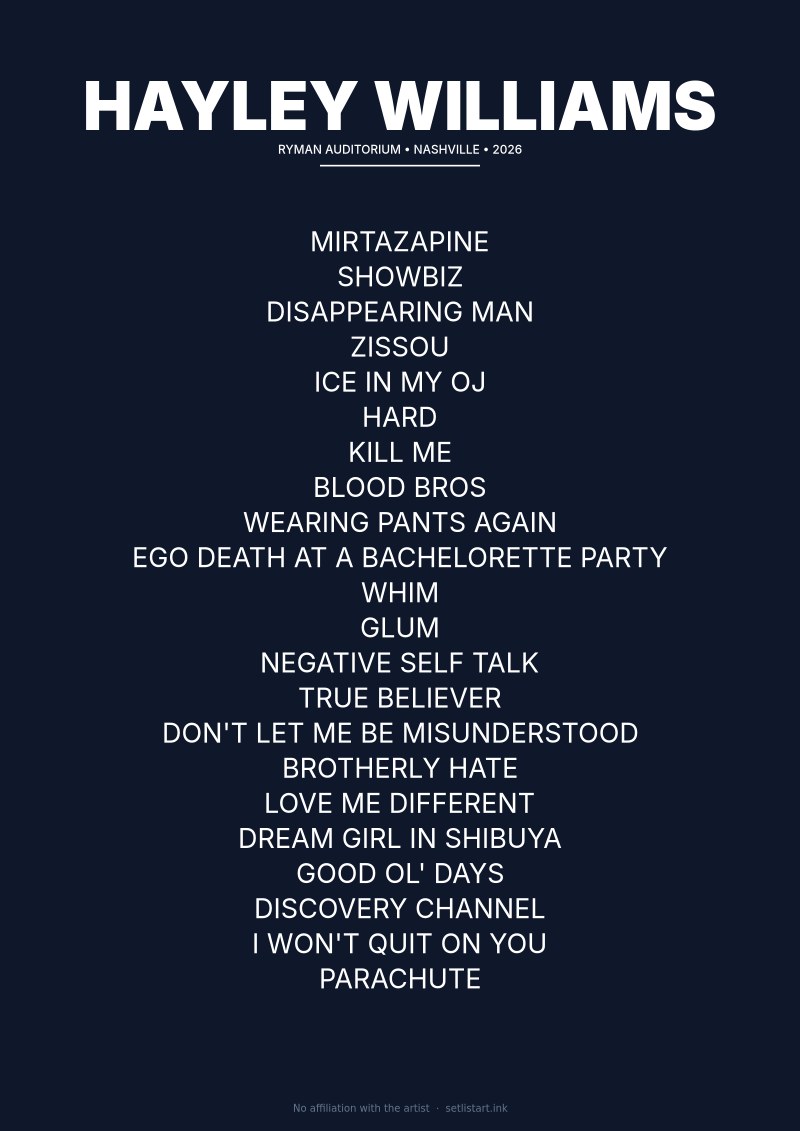Hayley Williams Nashville 2026 Night 2 setlist poster — Ego Death Tour at Ryman