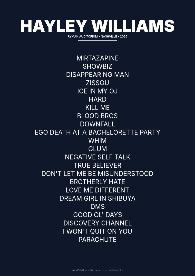 Hayley Williams Nashville 2026 Night 3 setlist poster — Ego Death Tour at Ryman