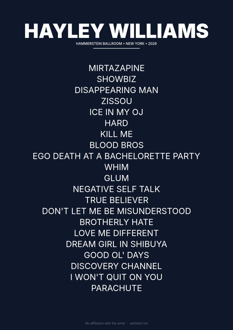 Hayley Williams New York 2026 Night 2 setlist poster — Ego Death Tour