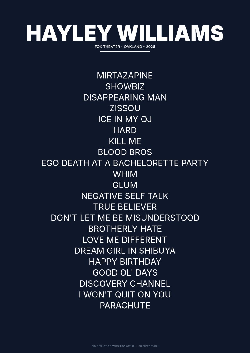 Hayley Williams Oakland 2026 Night 2 setlist poster — Ego Death Tour