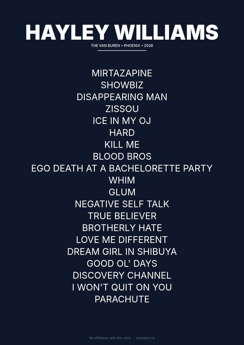 Hayley Williams Phoenix 2026 setlist poster — Ego Death Tour