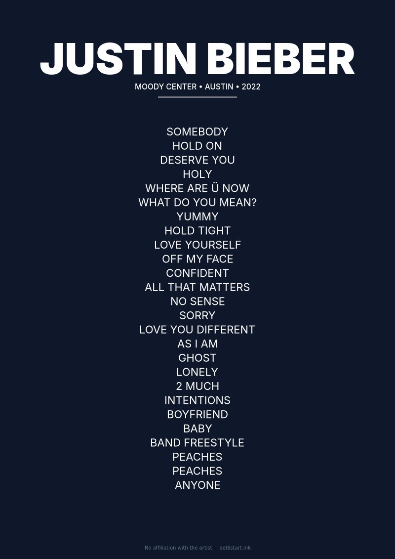 Justin Bieber Austin 2022 setlist poster preview