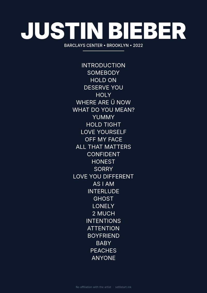Justin Bieber Brooklyn 2022 setlist poster preview