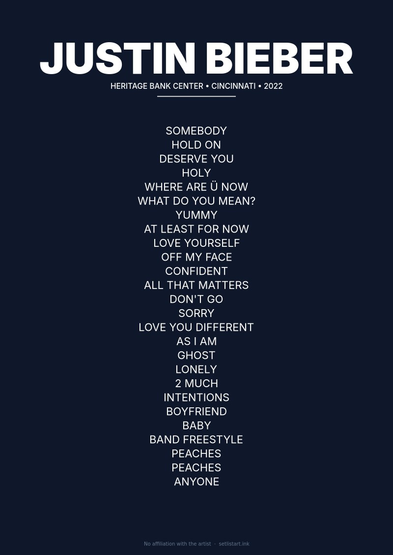 Justin Bieber Cincinnati 2022 setlist poster preview