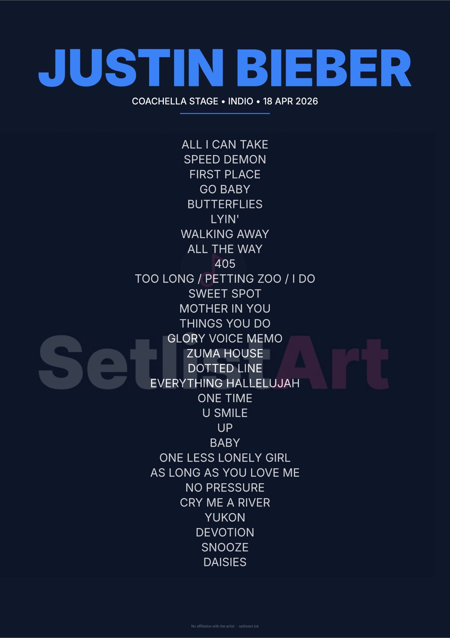 Justin Bieber Coachella 2026 Weekend 2 setlist poster preview