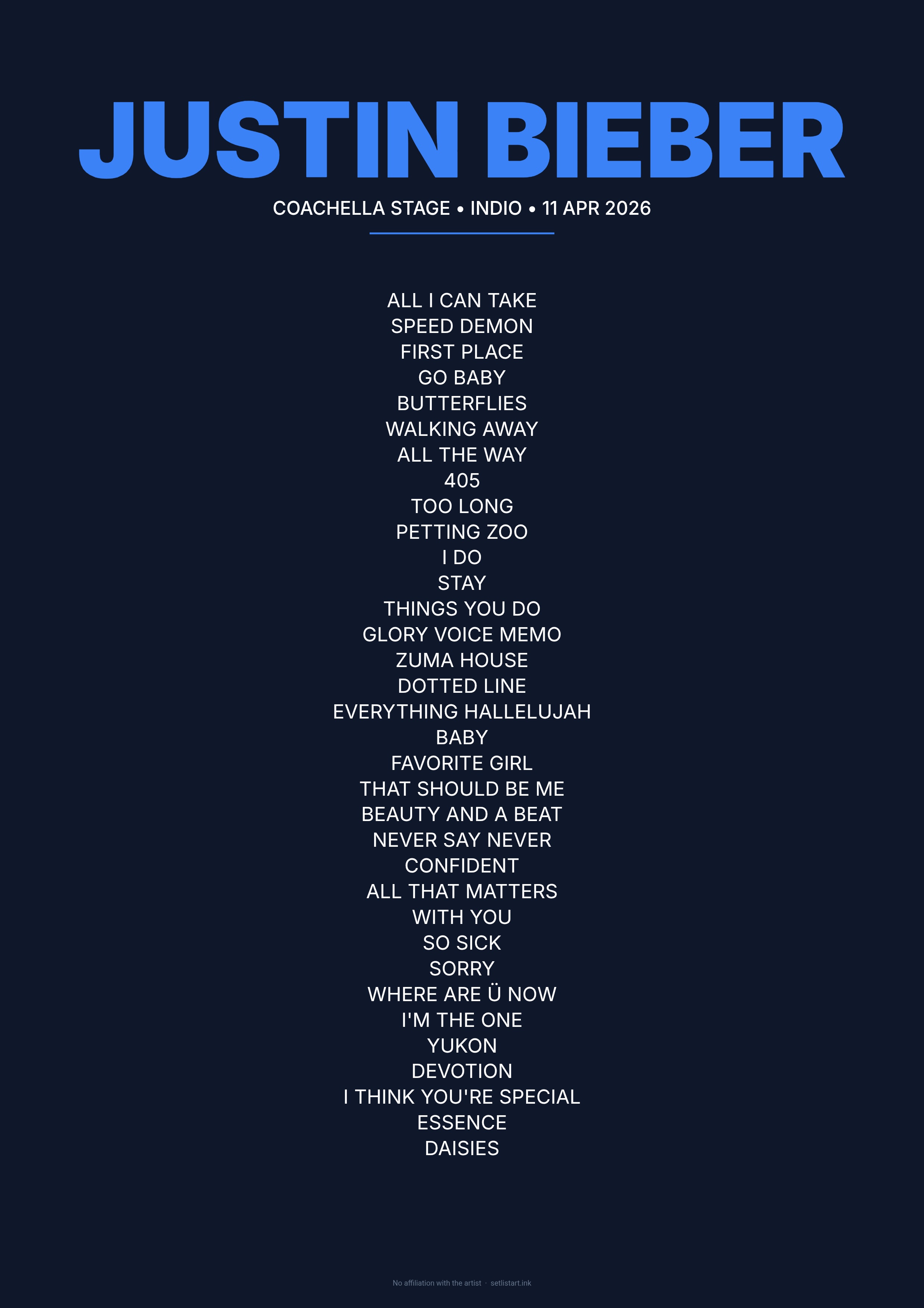 Justin Bieber Coachella 2026 headliner setlist poster preview