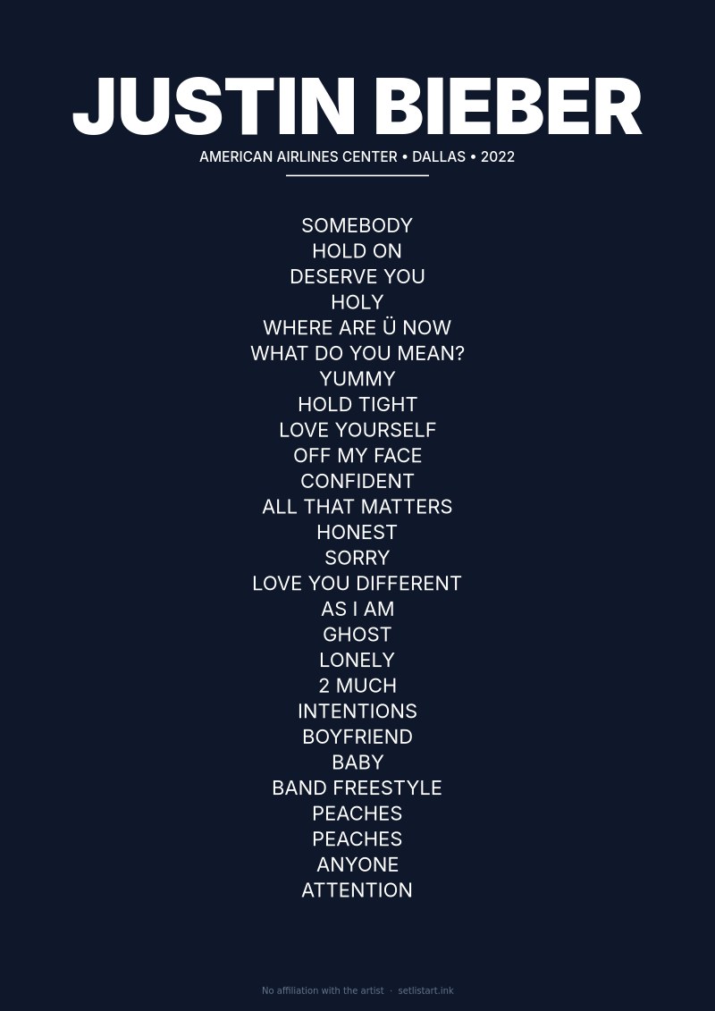 Justin Bieber Dallas 2022 setlist poster preview