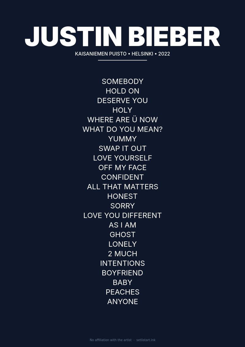 Justin Bieber Helsinki 2022 setlist poster preview