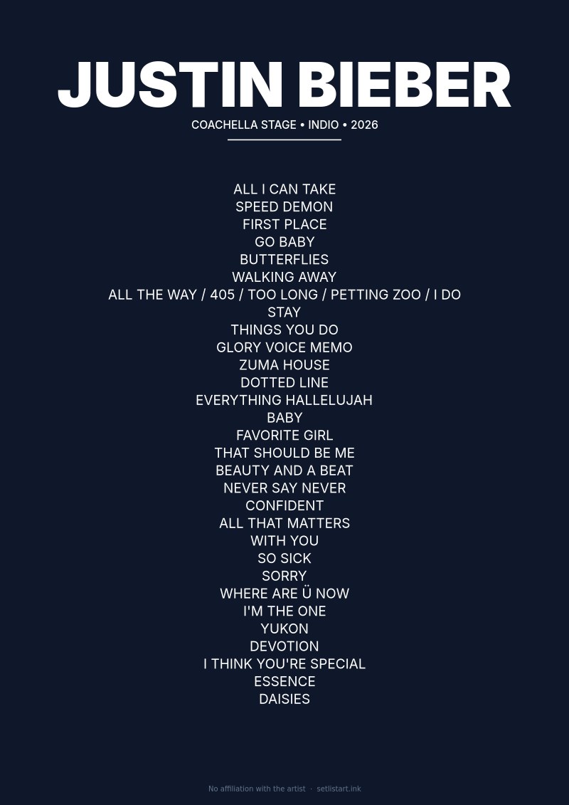 Justin Bieber Indio 2026 setlist poster preview