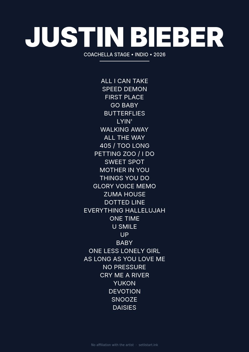 Justin Bieber Indio 2026 setlist poster preview