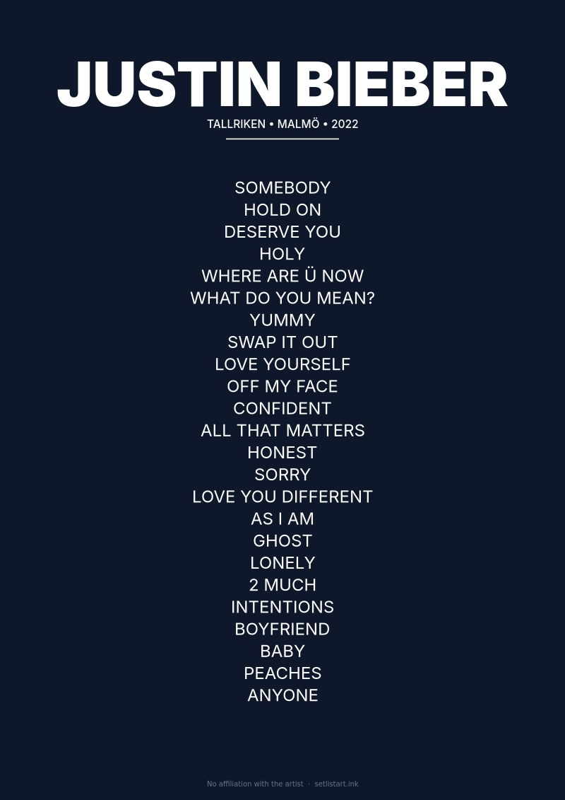 Justin Bieber Malmö 2022 setlist poster preview