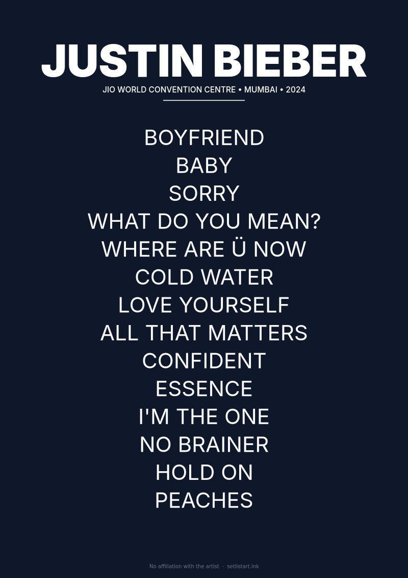 Justin Bieber Mumbai 2024 setlist poster preview