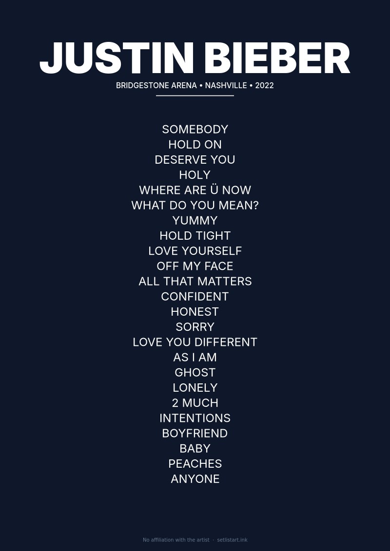 Justin Bieber Nashville 2022 setlist poster preview