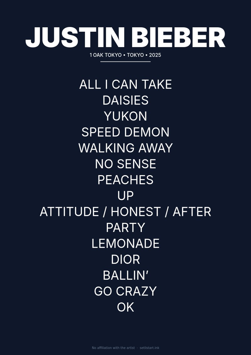 Justin Bieber Tokyo 2025 setlist poster preview