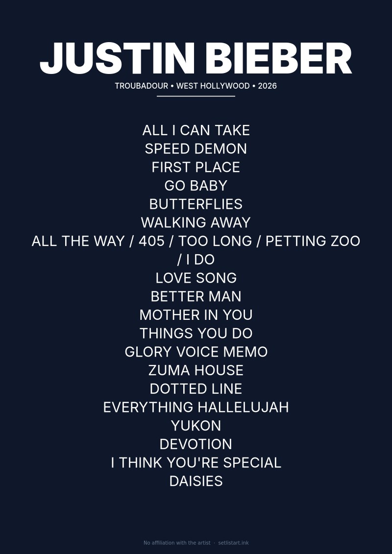 Justin Bieber West Hollywood 2026 setlist poster preview