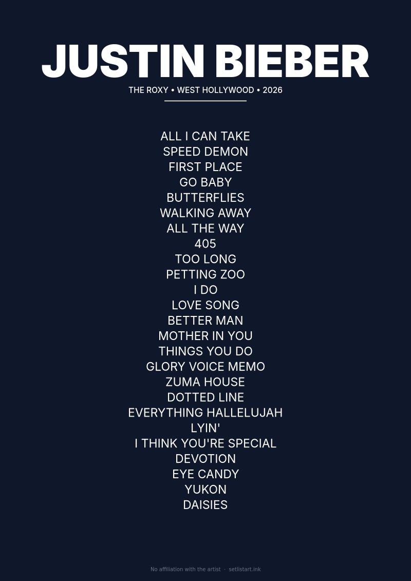 Justin Bieber West Hollywood 2026 setlist poster preview