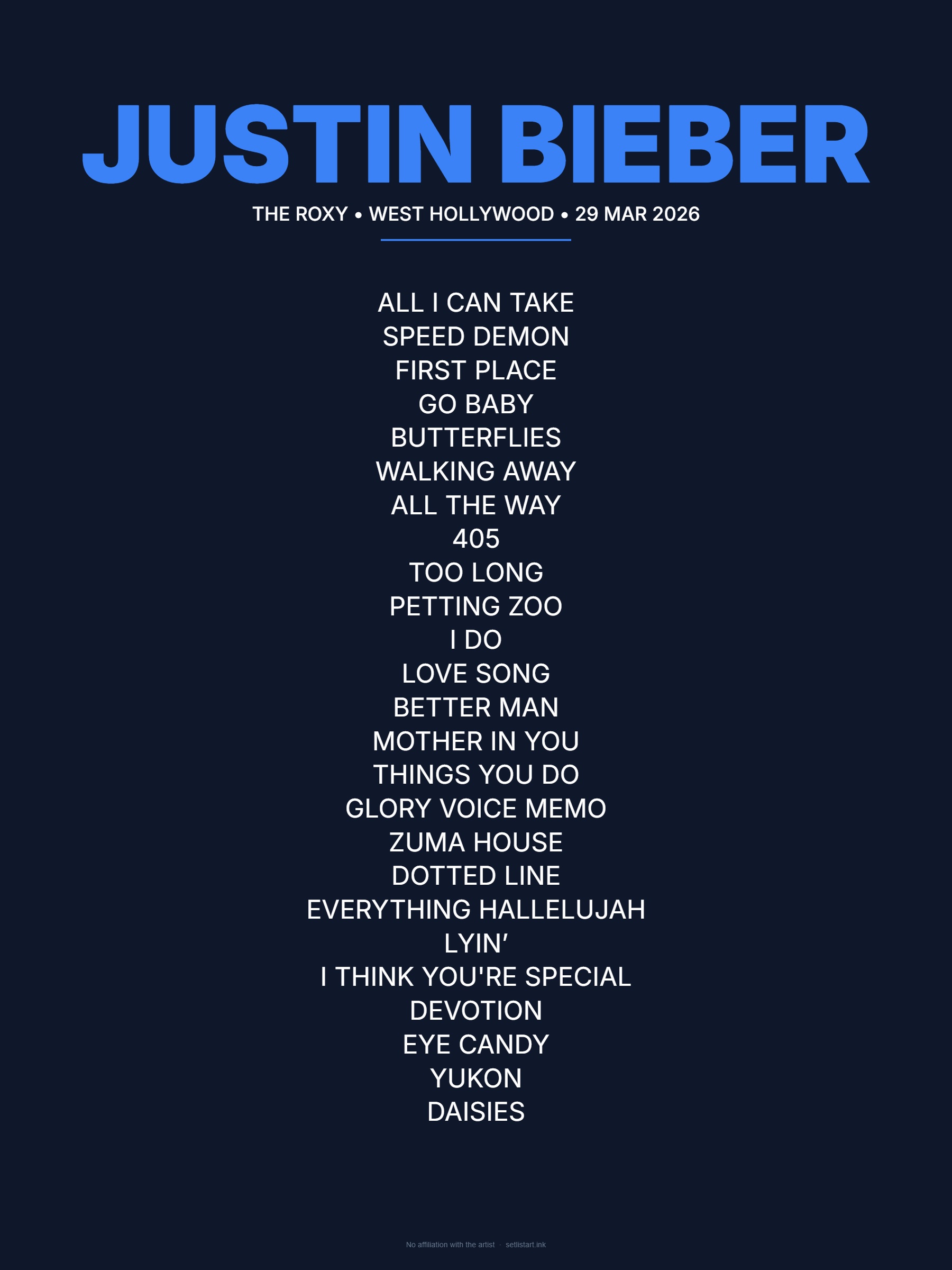 Justin Bieber West Hollywood 2026 setlist poster preview
