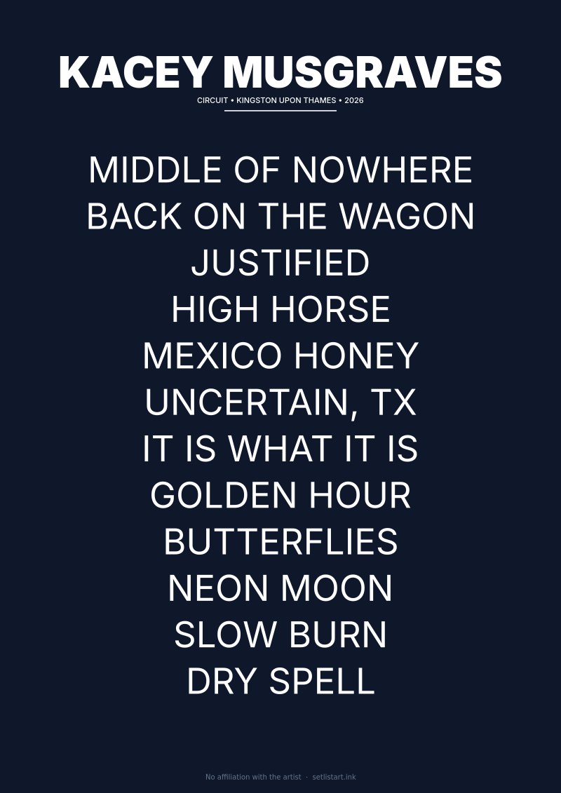 Kacey Musgraves Kingston upon Thames 2026 setlist poster preview