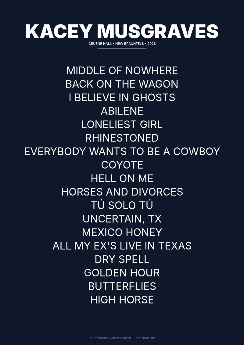 Kacey Musgraves New Braunfels 2026 setlist poster preview
