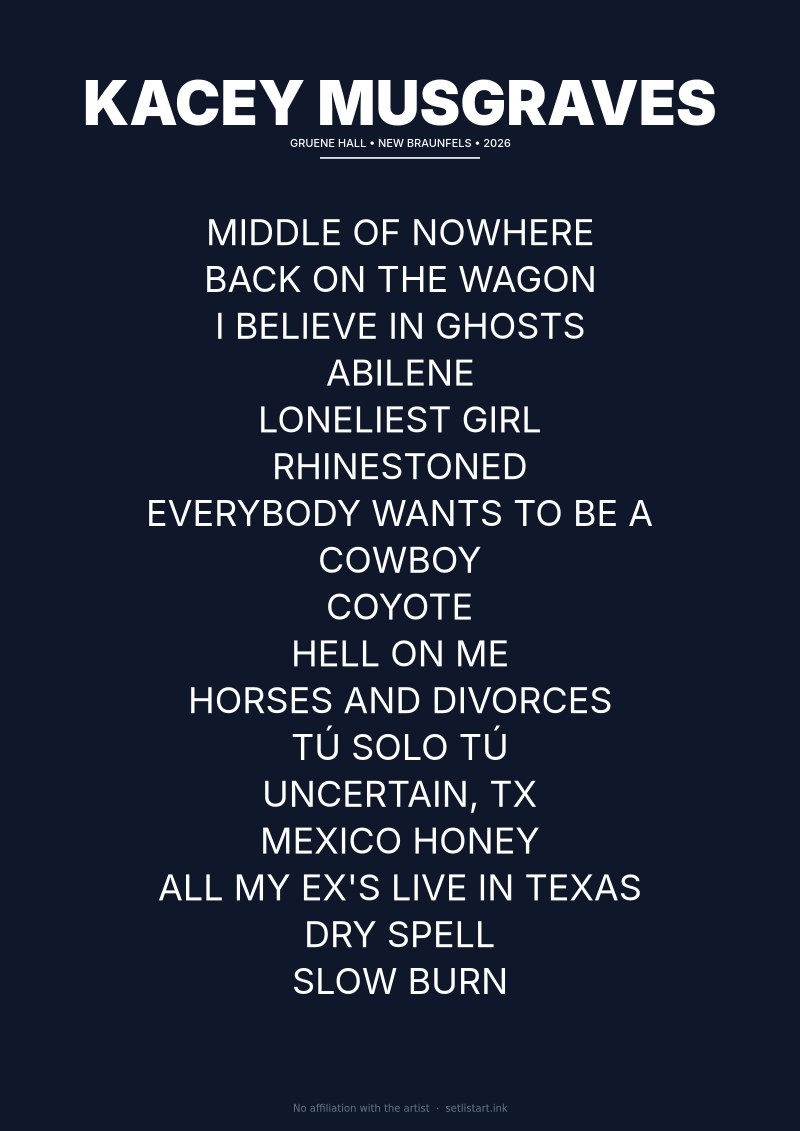 Kacey Musgraves New Braunfels 2026 setlist poster preview